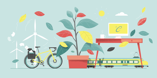 Illustratie van een tafereel met windmolens, fiets, plant, bureau en een trein met bladeren die erdoor heen dwarrelen.