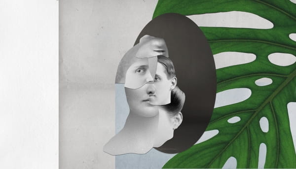 Collage van stukjes van verschillende gezichten met daar achter grijs- en blauwvlakken en een groen blad.