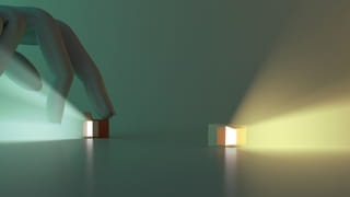 3D render van twee doosjes die licht schijnen 