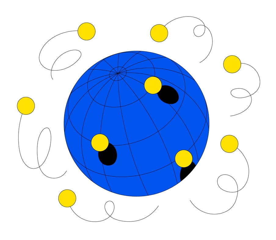 Een illustratie van Roel van Eekelen van een grafische wereldbol waar allemaal gele balletjes omheen zwerfen. 