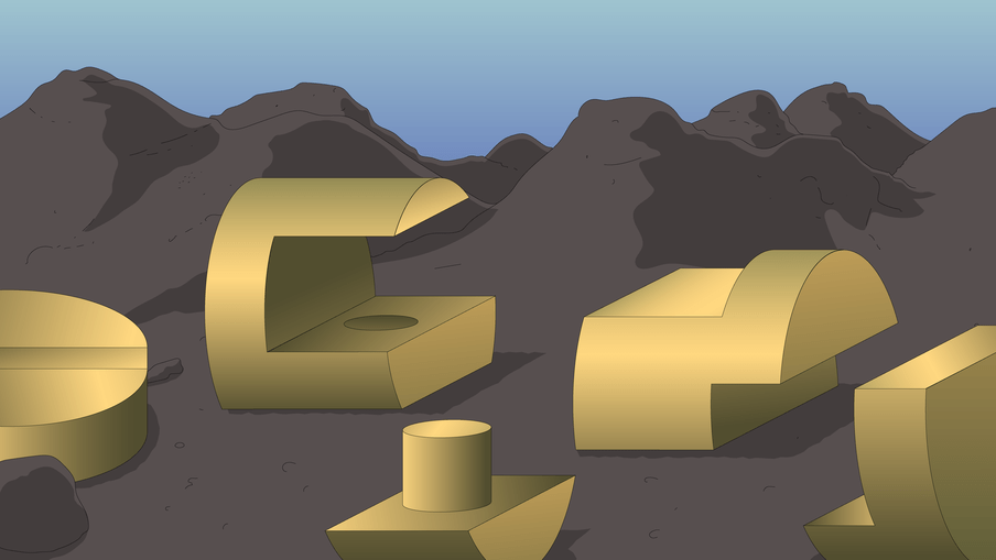 Illustration of 3D puzzle pieces scattered across a mountain landscape.