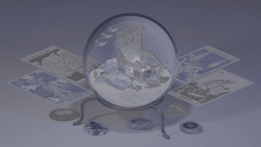 Illustratie van een glazen bol met oorlogssymbolen erin