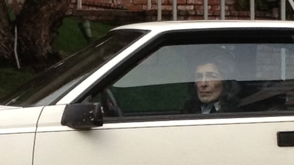 Een gepixelde foto van een vrouw die uit een autoraam kijkt vanuit een witte auto.