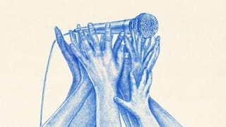 Illustratie van Tzenko, pen en papier, verschillende handen houden een microfoon omhoog