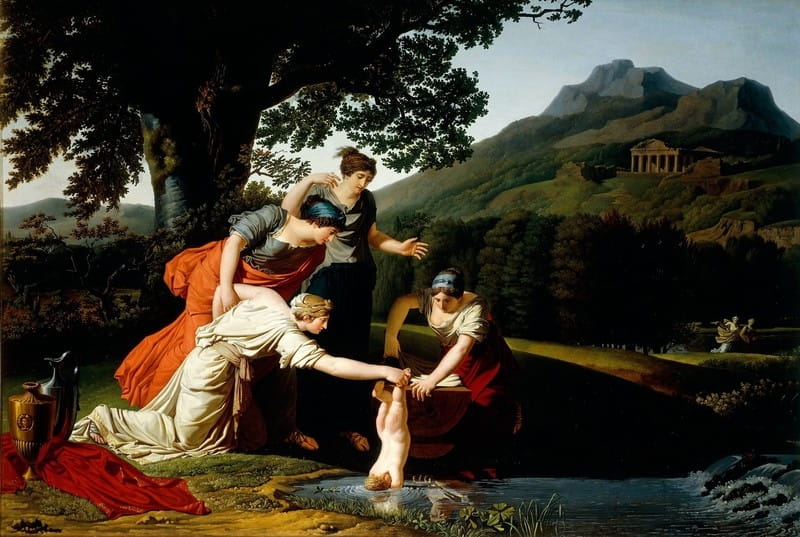  Als baby werd Achilles in de Styx, de rivier van de onderwereld, gedompeld, maar zijn achilleshiel – waaraan hij werd vastgehouden – zou zijn dood betekenen. Schilderij door Antoine Borel Rogat. Beeld: Getty