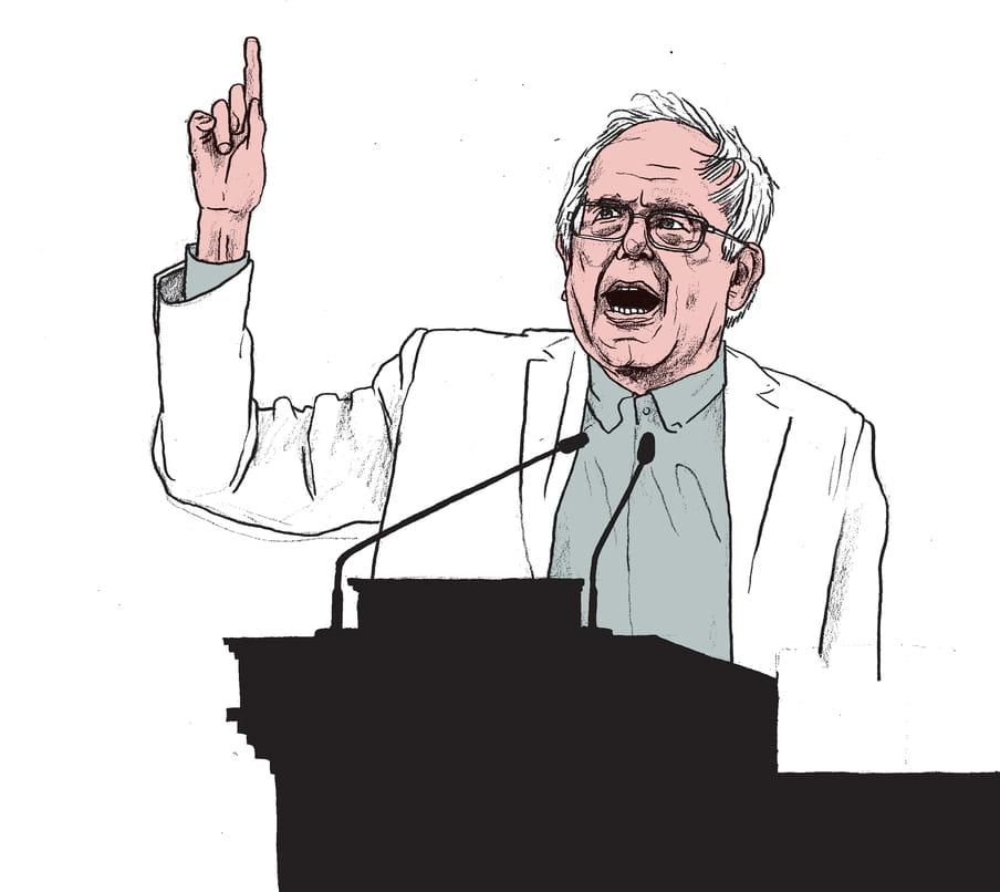 Een tekening van een oudere man met bril en grijze haren staat met geheven vinger achter een spreekstoel met microfoon. Illustratie is van Gijs Kast.