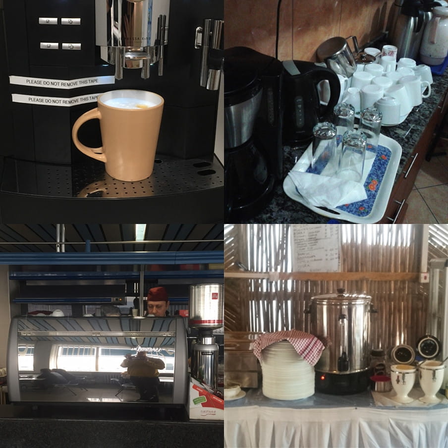 Een greep uit de koffie-automaten die onze VN-medewerkers op hun werk gebruiken. De foto’s zijn gemaakt door de zeventien dagboekschrijvers uit dit verhaal.