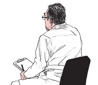 Een tekening van een oudere man met bril in een doktersjas schuin van achteren zittend op een stoel met in zijn hand een notitieblok en pen. De illustratie is gemaakt door Gijs Kast.