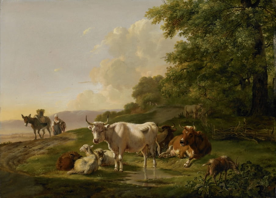 Landschap met vee. Bij een plas langs een weg bevinden zich enkele koeien en schapen, rechts eet een geit van de struiken. Over de weg komt een boerin met een ezel door Pieter Gerardus van Os in 1806. Reproductie: Rijksmuseum