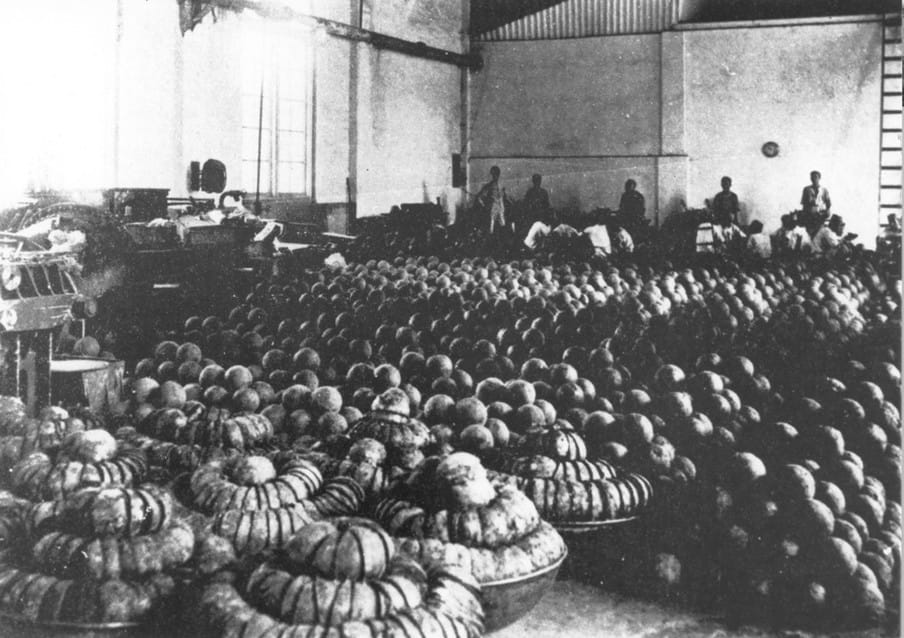 Het ballenmagazijn van de nieuwe opiumfabriek in Weltevreden, Batavia. Hier werd de schors gespleten en de ruwe opium uit de bal gehaald. 