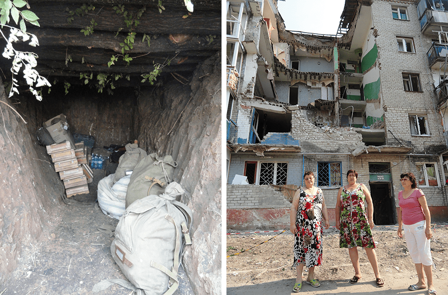 Augustus 2014: Schuilkelder van de soldaten met munitie (links). Drie vrouwen in Slavjansk bij hun verwoeste woonblok (rechts). Foto’s: Michiel Driebergen