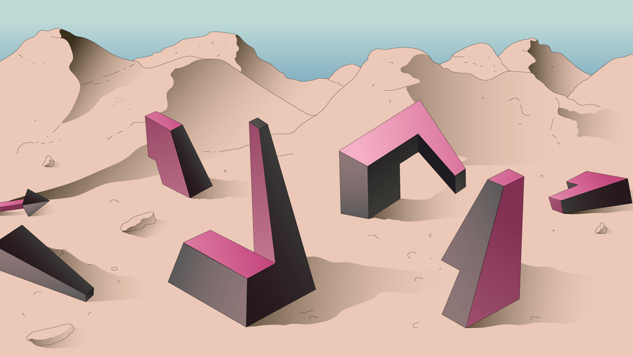 Illustration of 3D puzzle pieces scattered across a mountain landscape