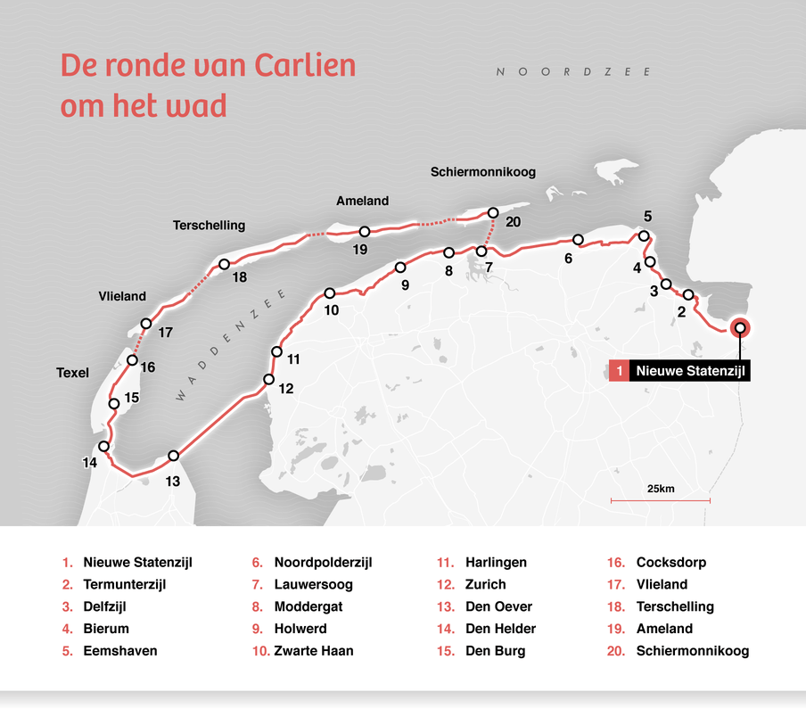 Een kaart met de Route die Carlien liep. Ze liep van Nieuwe Statenzijl naar Schiermonnikoog via onder andere: Bierum, Holwerd, Harlingen, de afsluitdijk en Den Helder naar de Waddeneilanden.  De route is ongeveer 300km lang.