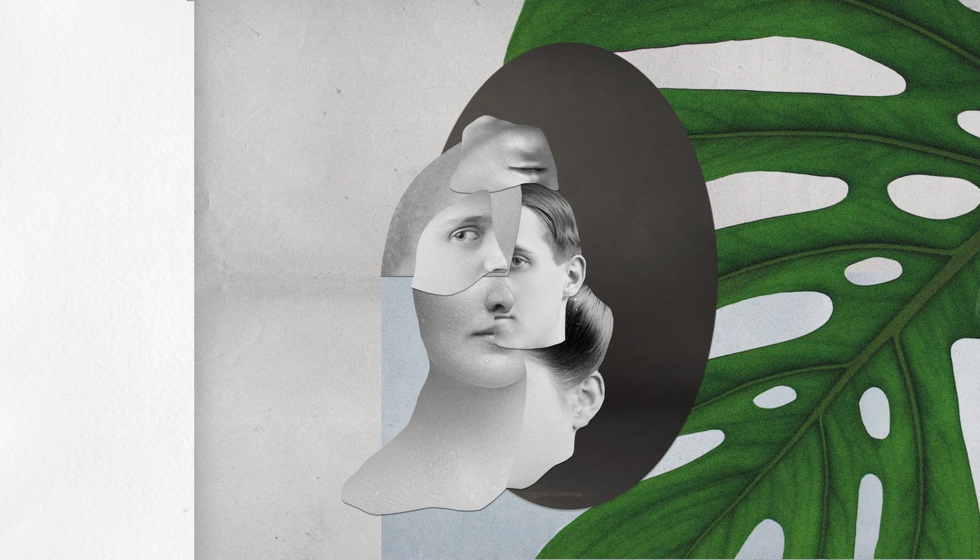 Collage van stukjes van verschillende gezichten met daar achter grijs- en blauwvlakken en een groen blad.
