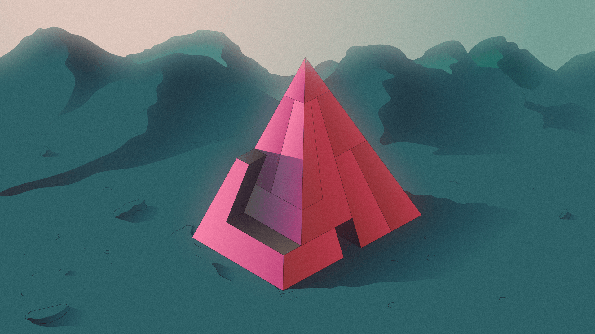 Illustration of an unsolved volumetric puzzle, sitting on a mountainous landscape.
