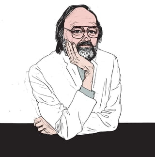 Een portrettekening van een dokter die aan een tafel zit, armen gekruist terwijl een hand zijn hoofd ondersteund. Hij heeft een bril en baardje en kijkt de kijker aan met een rustige blik. Deze illustratie is van Gijs Kast.