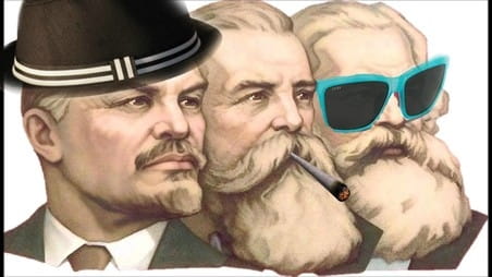 Lenin, Friedrich Engels en Karl Marx in een modern jasje.