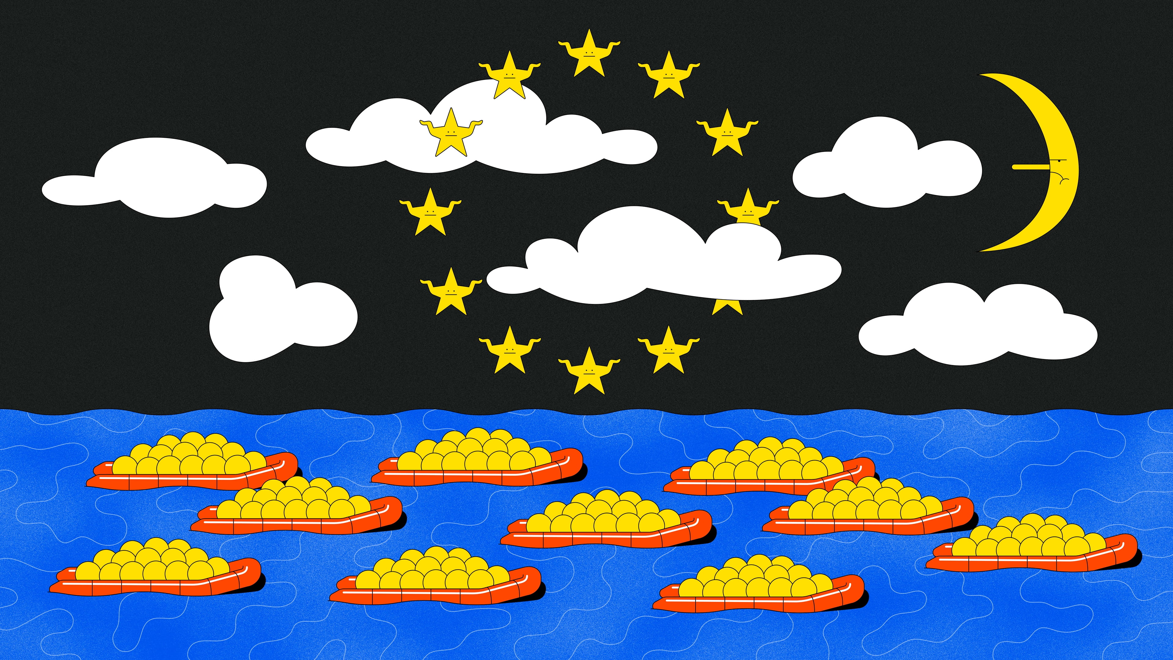 Een tekening van illustrator Roel van Eekelen met heldere kleuren van een zee vol rode reddingbootjes met gele balletjes erin. In een zwarte lucht halen sterretjes-poppetjes hun schouders op terwijl ze een cirkel vormen als op de Europese vlag. De maan trekt een nors gezicht.